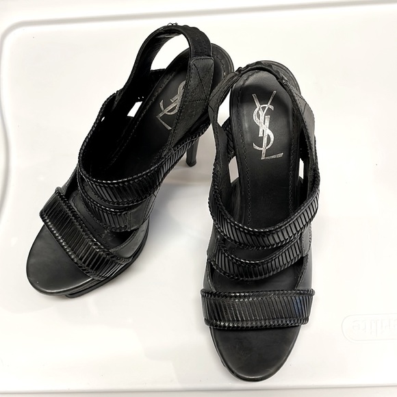 YSL Black Leather Slingback Platform Sandals